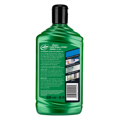 Turtle Wax Super Hard Shell Finish car wax. Classic green bottle, 500ml size, ideal for vehicles, boats, showers, and mirrors.