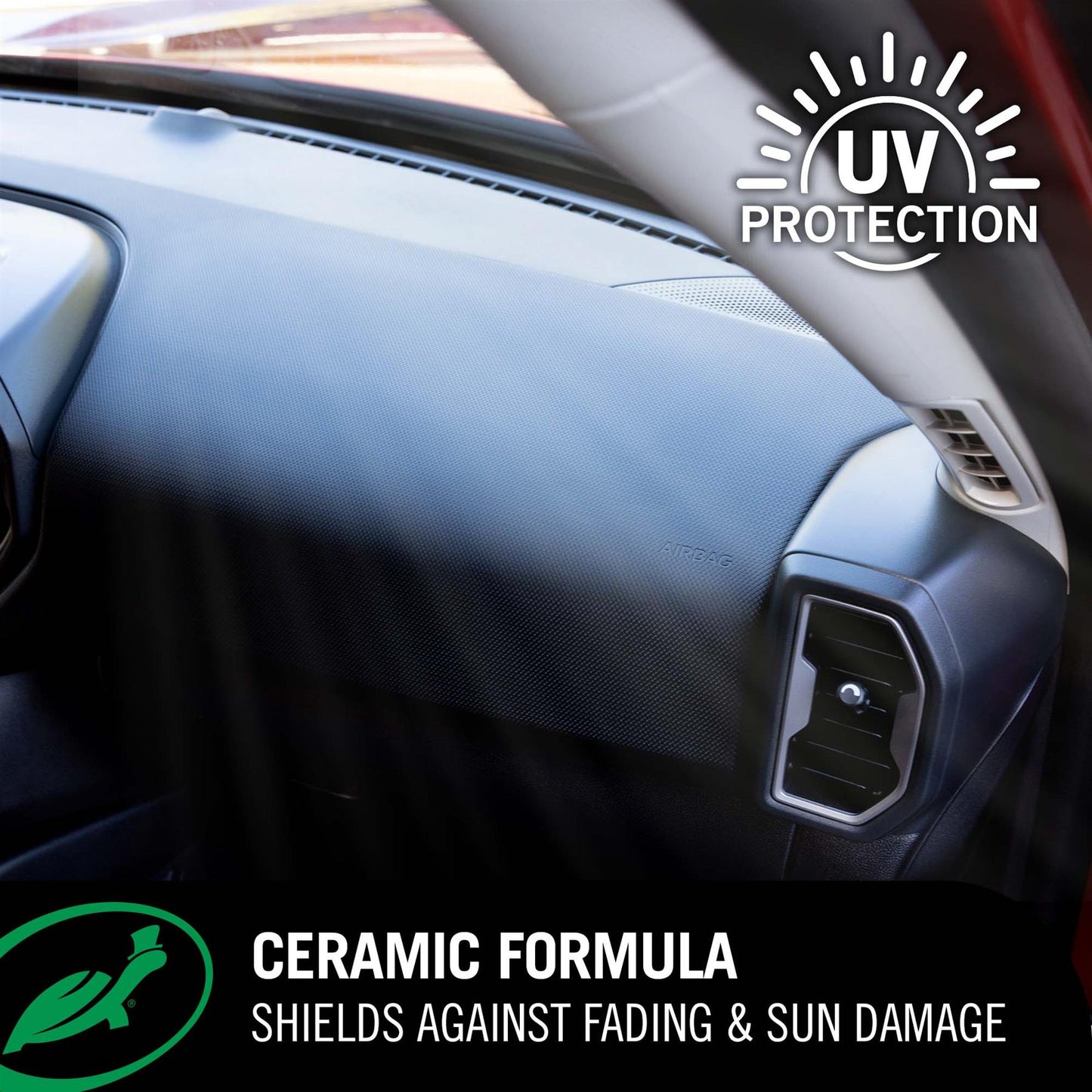 1 & Done detailer:  Car interior with UV protection label and text about ceramic formula.