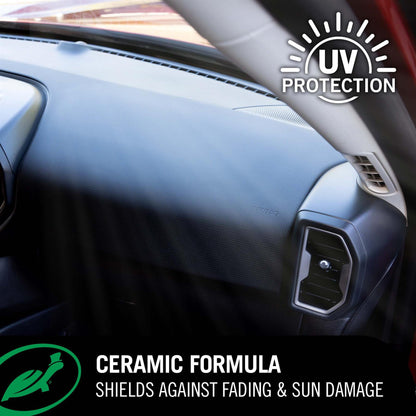 1 & Done detailer:  Car interior with UV protection label and text about ceramic formula.