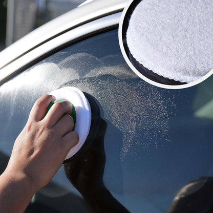 Person cleaning car window with a sponge and a close-up of the sponge with soap.
