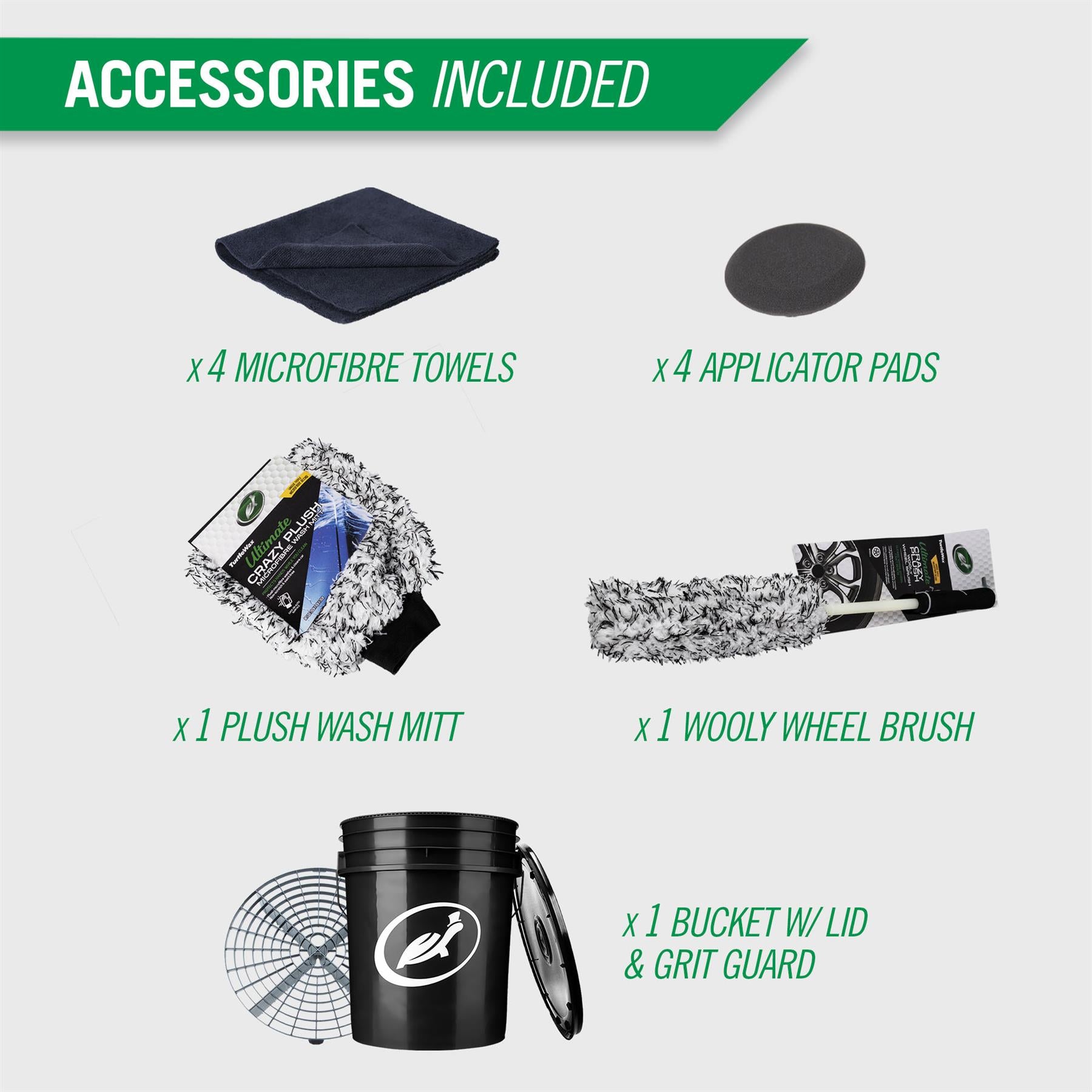 Turtle Wax car detailing kit: microfibre cloths, applicator pads, wash mitt, wheel brush, bucket, lid and grit guard for vehicle maintenance.