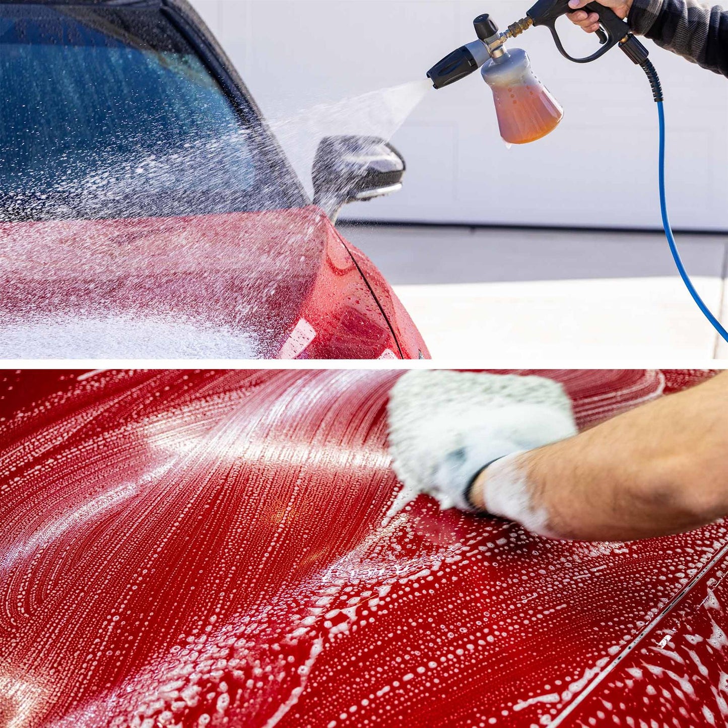 A red car gets a detailing with foamy, pH-balanced wash. Applying soap with a pressure washer and mitt. For a gleaming finish.