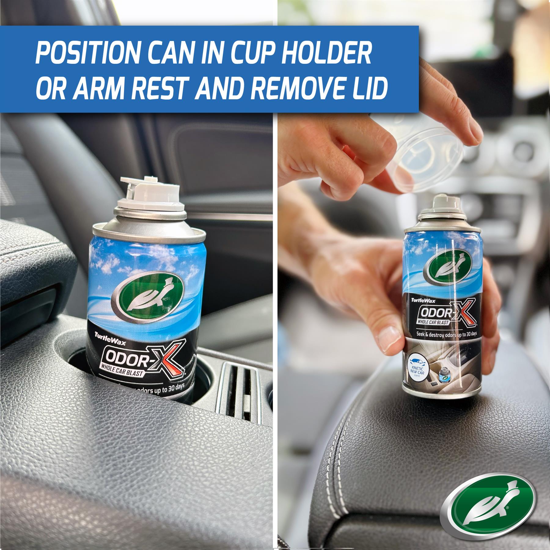 Turtle Wax Odour-X can shown in a vehicle interior. Used to eliminate vehicle odour by removing lid.