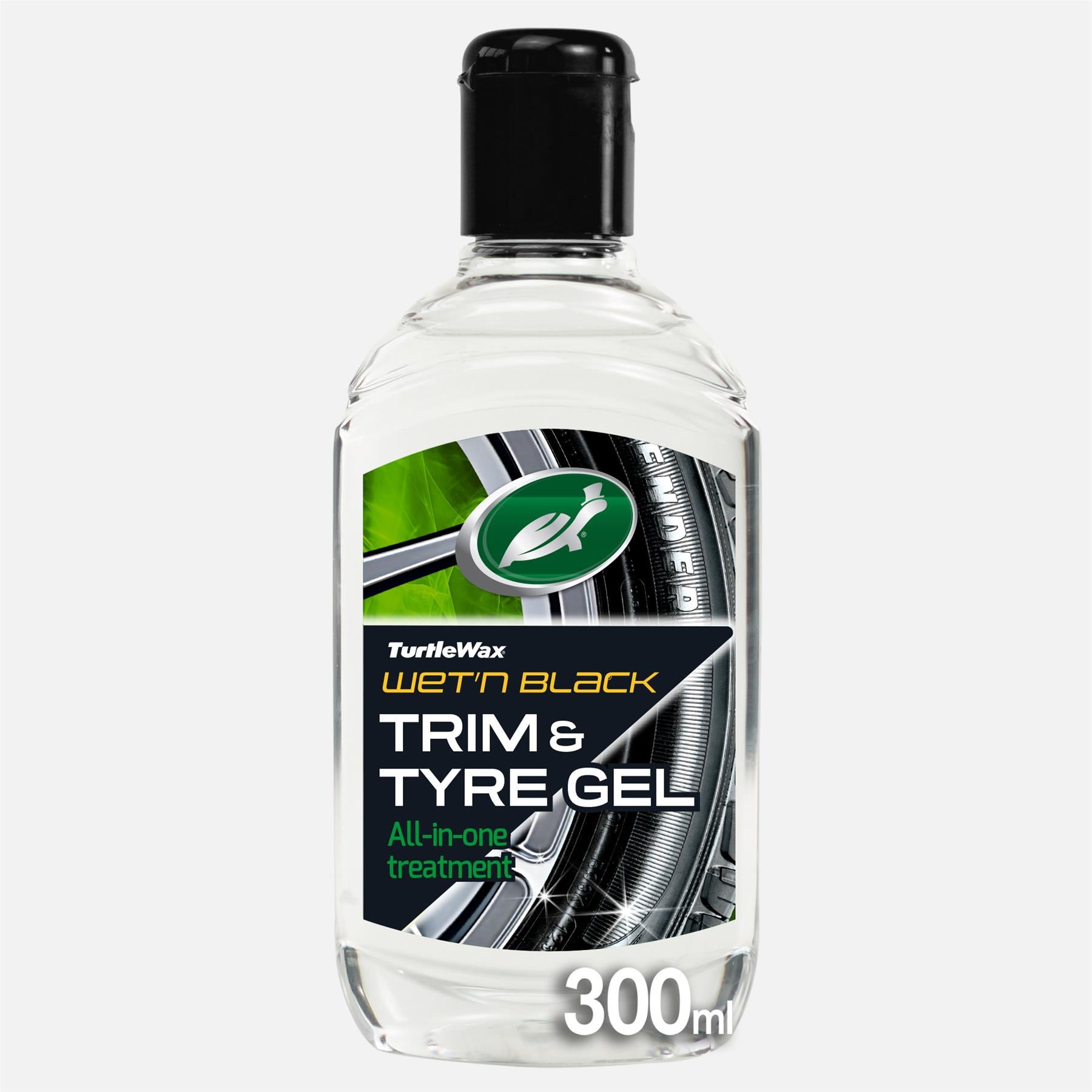 Turtle Wax Wet'n Black Trim & Tyre Gel 300ml. See the Turtle Wax logo. For a deep shine and UV protection.  Perfect for car detailing.
