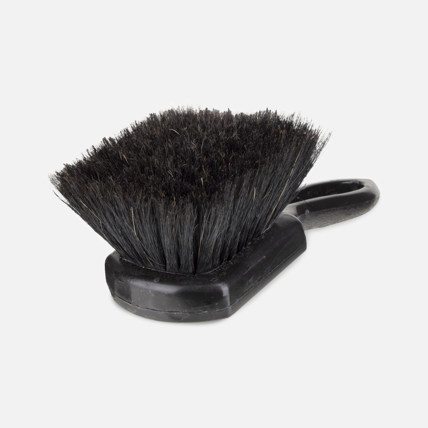 Boar's hair brush with a black plastic handle. Ideal for gentle, effective wheel cleaning without scratching. Perfect detailing kit addition.