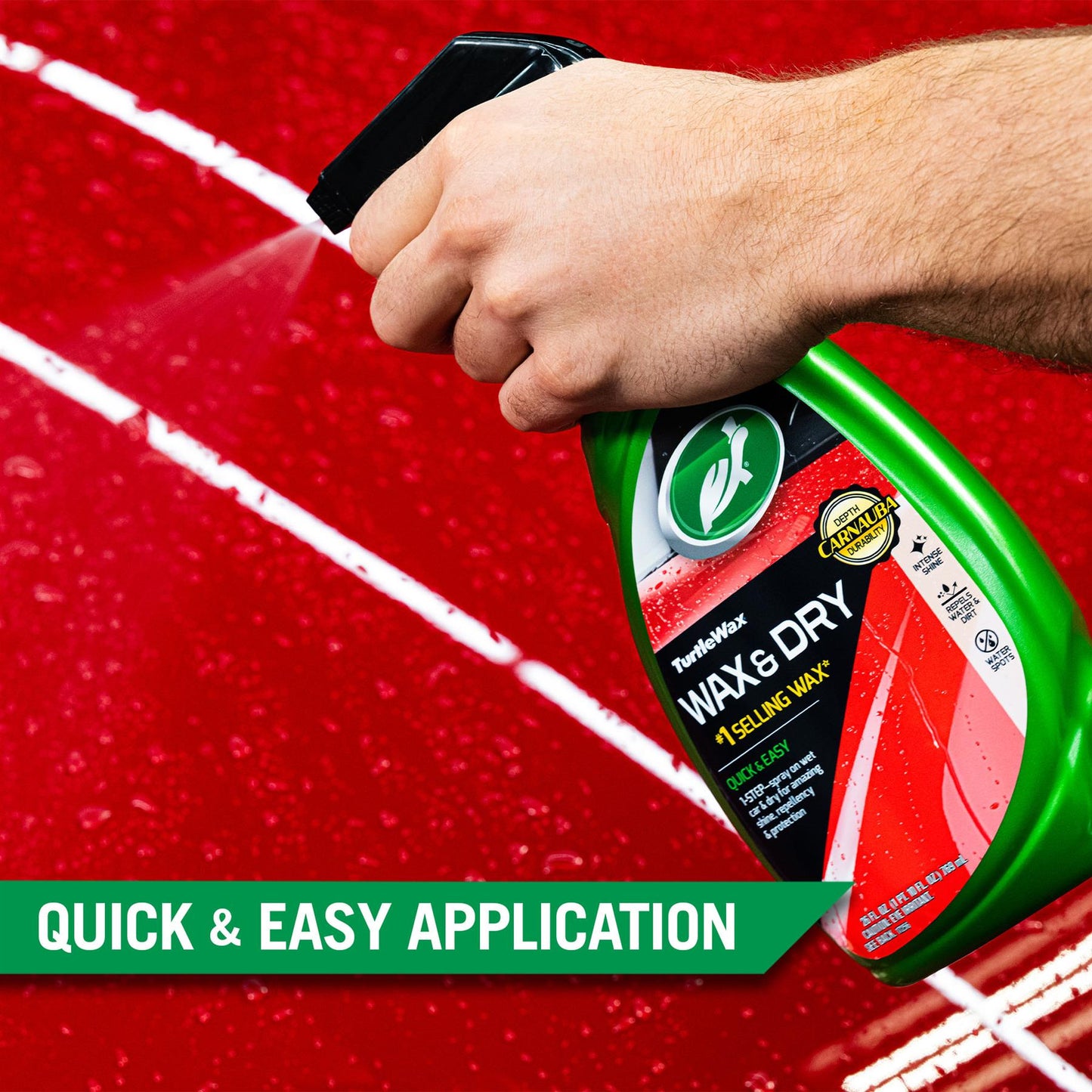 Detailing pro uses Turtle Wax Wax & Dry for quick car care. Carnauba wax spray offers depth, shine, and protection. Repels water & dirt.