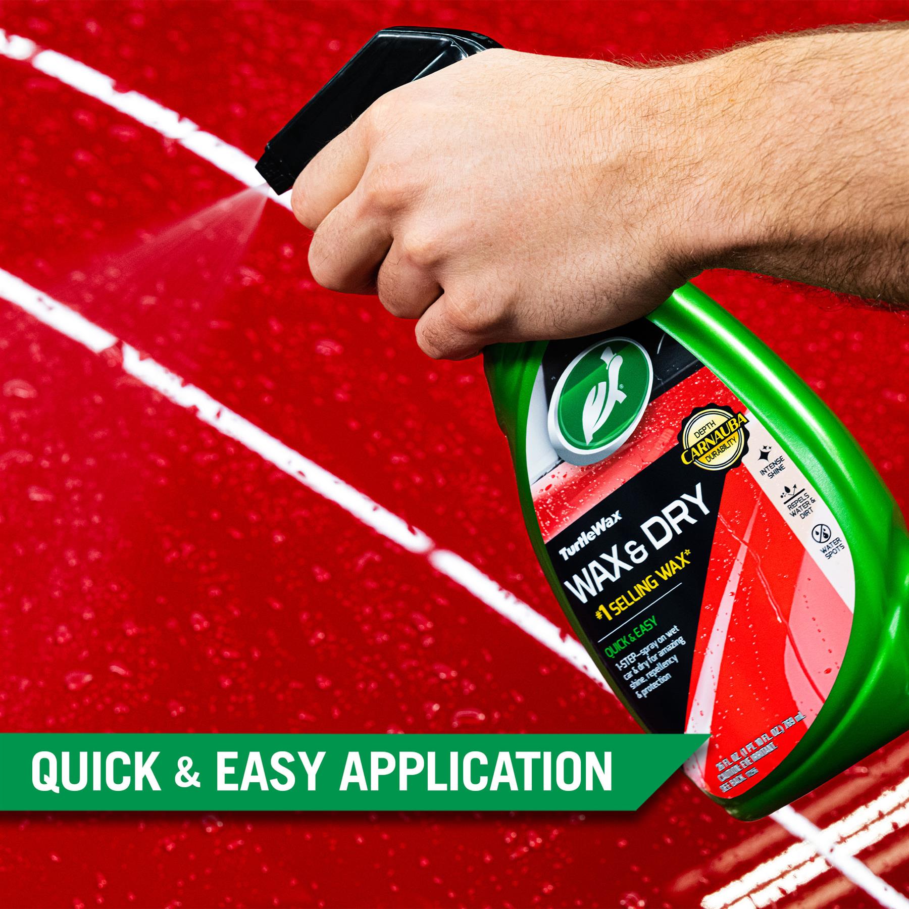Detailing pro uses Turtle Wax Wax & Dry for quick car care. Carnauba wax spray offers depth, shine, and protection. Repels water & dirt.