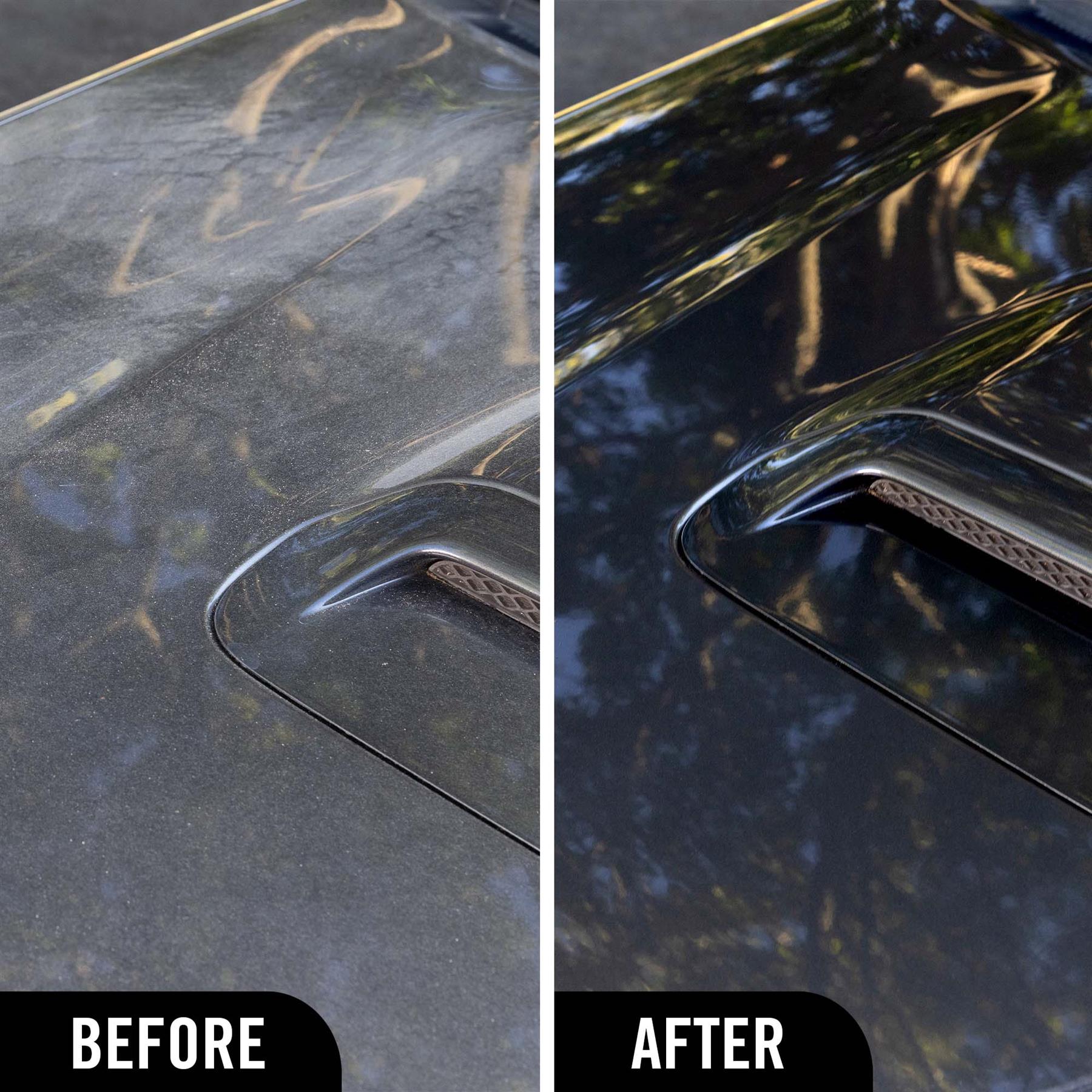 Before and after comparison of using 1 & Done detailer against a black car