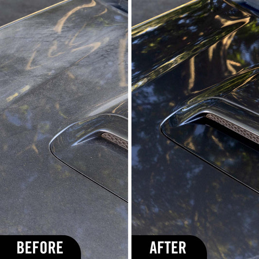 Before and after comparison of using 1 & Done detailer against a black car