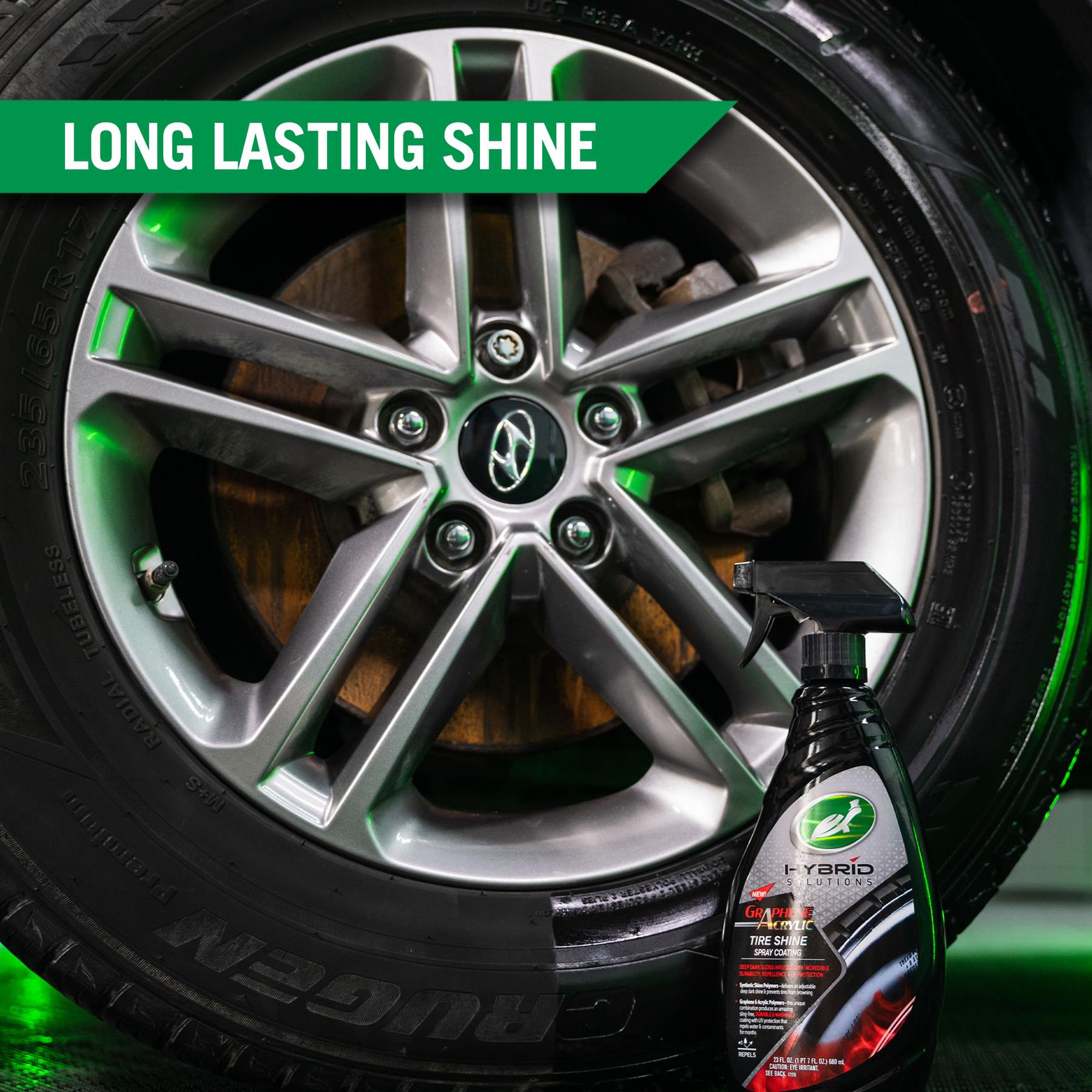 Shiny wheel and tyre detail. Turtle Wax Hybrid Solutions product with spray trigger shown. Car care for UK motoring enthusiasts.