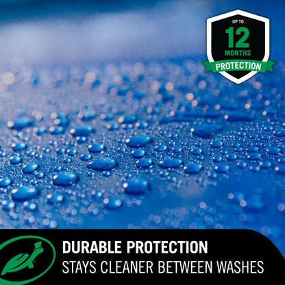 Close-up of water droplets on a blue surface with '12 Months Protection' and 'Durable Protection' text.
