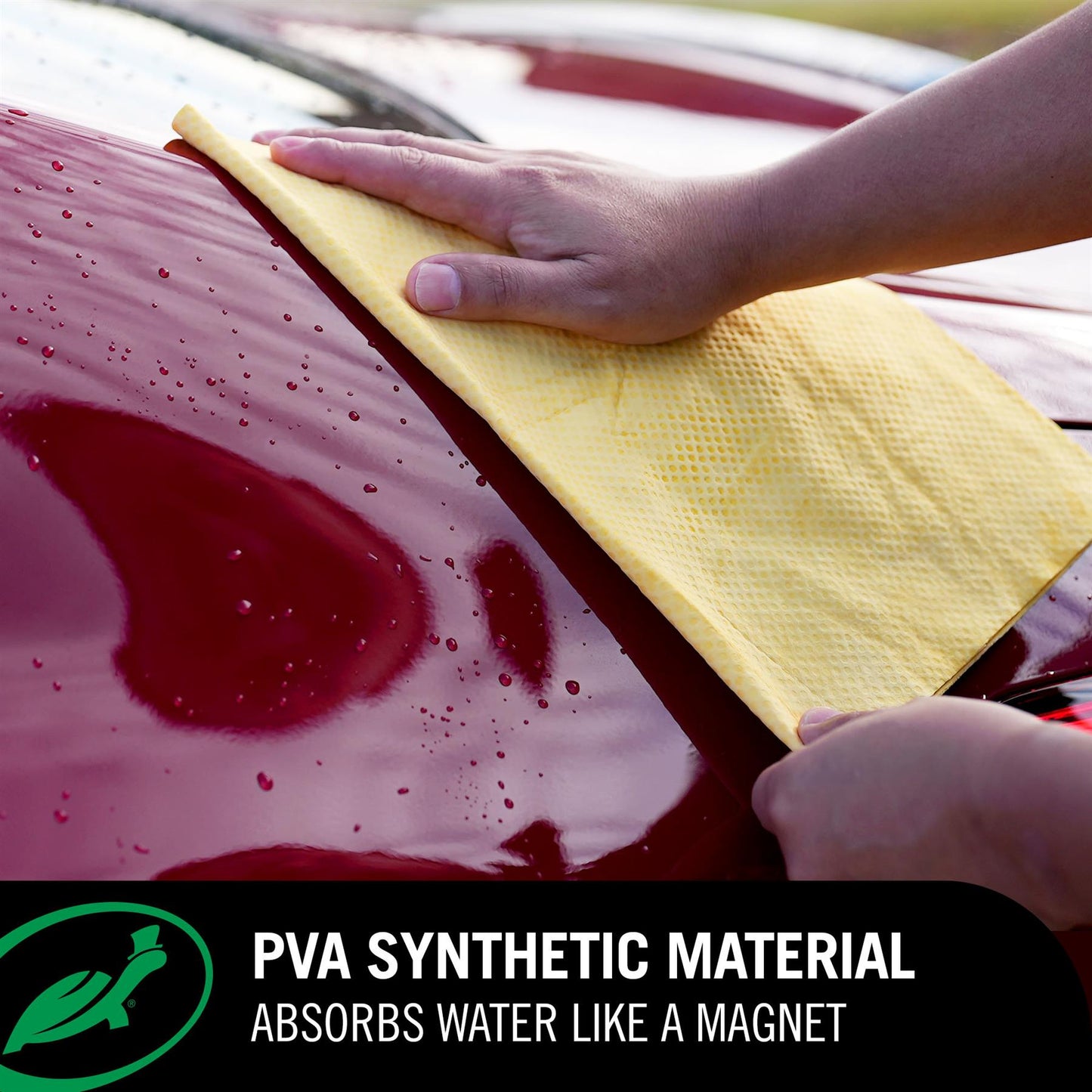 Person cleaning a car with a Turtle Wax Easy Glide Chamois, emphasizing PVA synthetic material's water-absorbing properties.