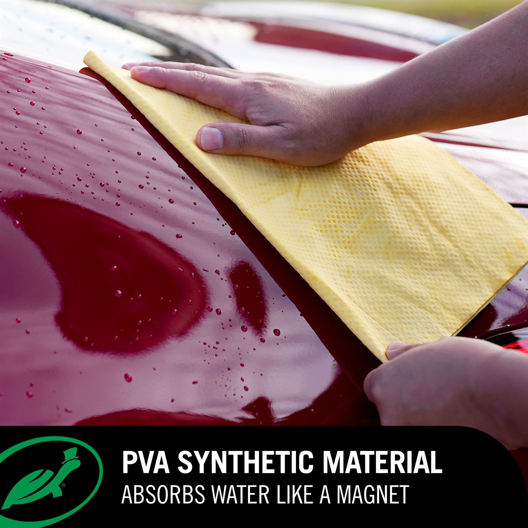 Person cleaning a car with a Turtle Wax Easy Glide Chamois, emphasizing PVA synthetic material's water-absorbing properties.