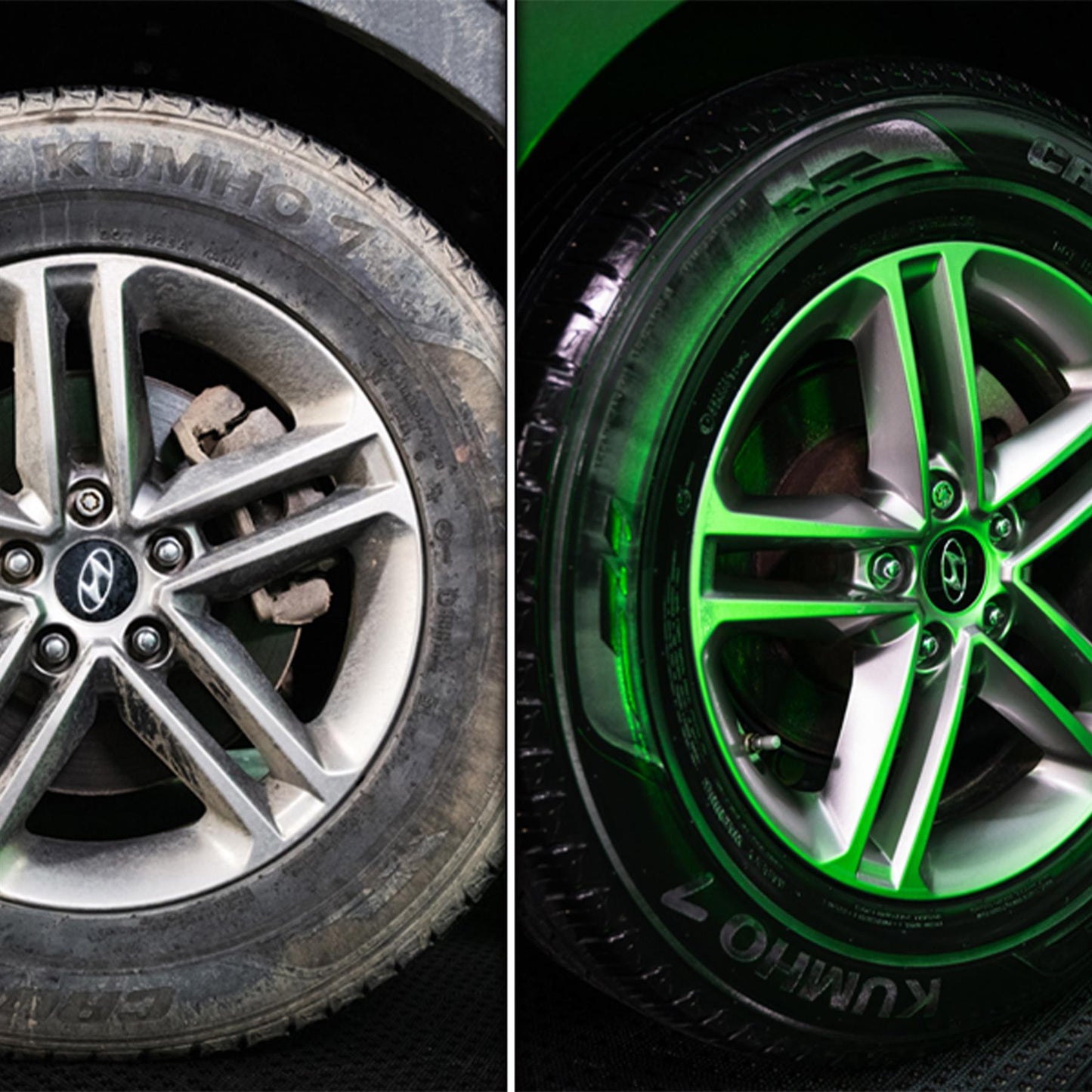 Dirty vs shiny alloy wheels & Kumho tyres comparison. Car detailing result.