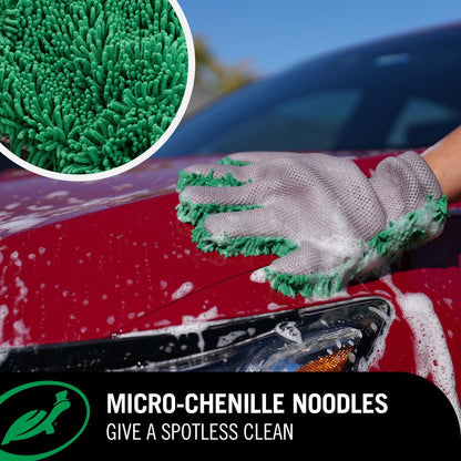 Person cleaning a car with a green micro-chenille noodle glove, close-up of the product, and text about its effectiveness.
