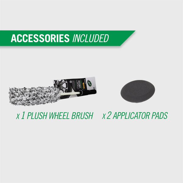 The two accessories of the kit, a wheel and tire brush and applicator pad, are shown on a white background.