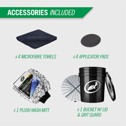 Turtle Wax Ultimate car detailing kit. Includes microfibre cloths, applicator pads, plush wash mitt, and bucket with lid and grit guard.
