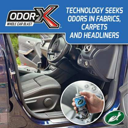 Car interior detail: Turtle Wax Odor-X showcased. Eliminates odours from fabrics, carpets and headliners. Fresh Berry scent.
