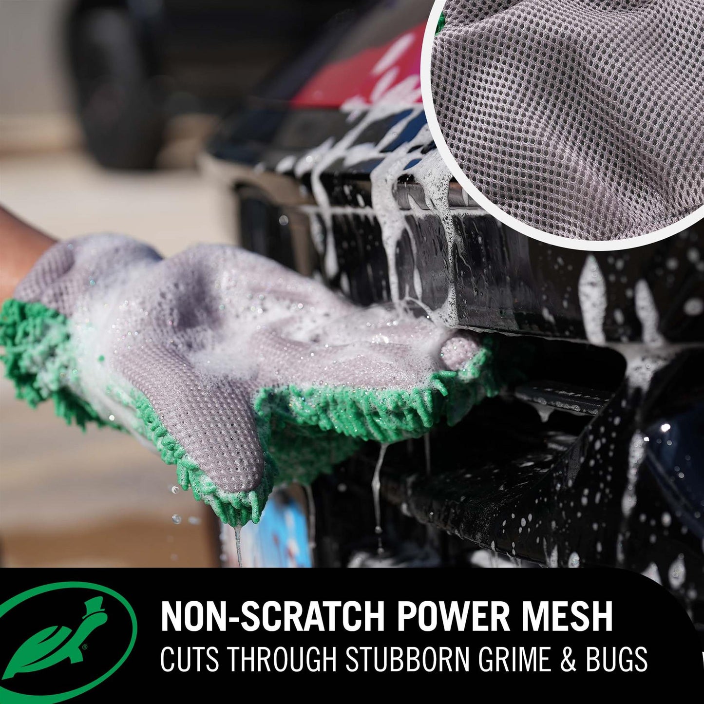 Car cleaning cloth with non-scratch power mesh being used on a car, with a close-up of the fabric texture.
