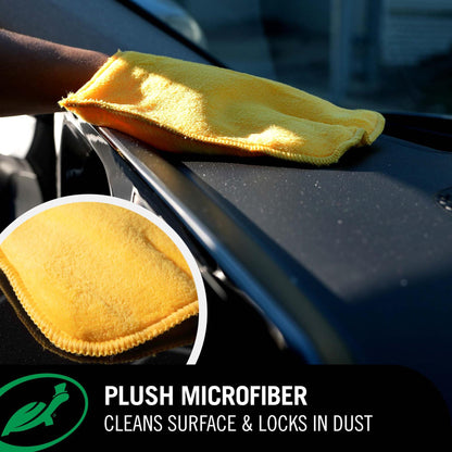Fresh Clean Dust Magnet mitt infographic advising it cleans surface and locks in dust