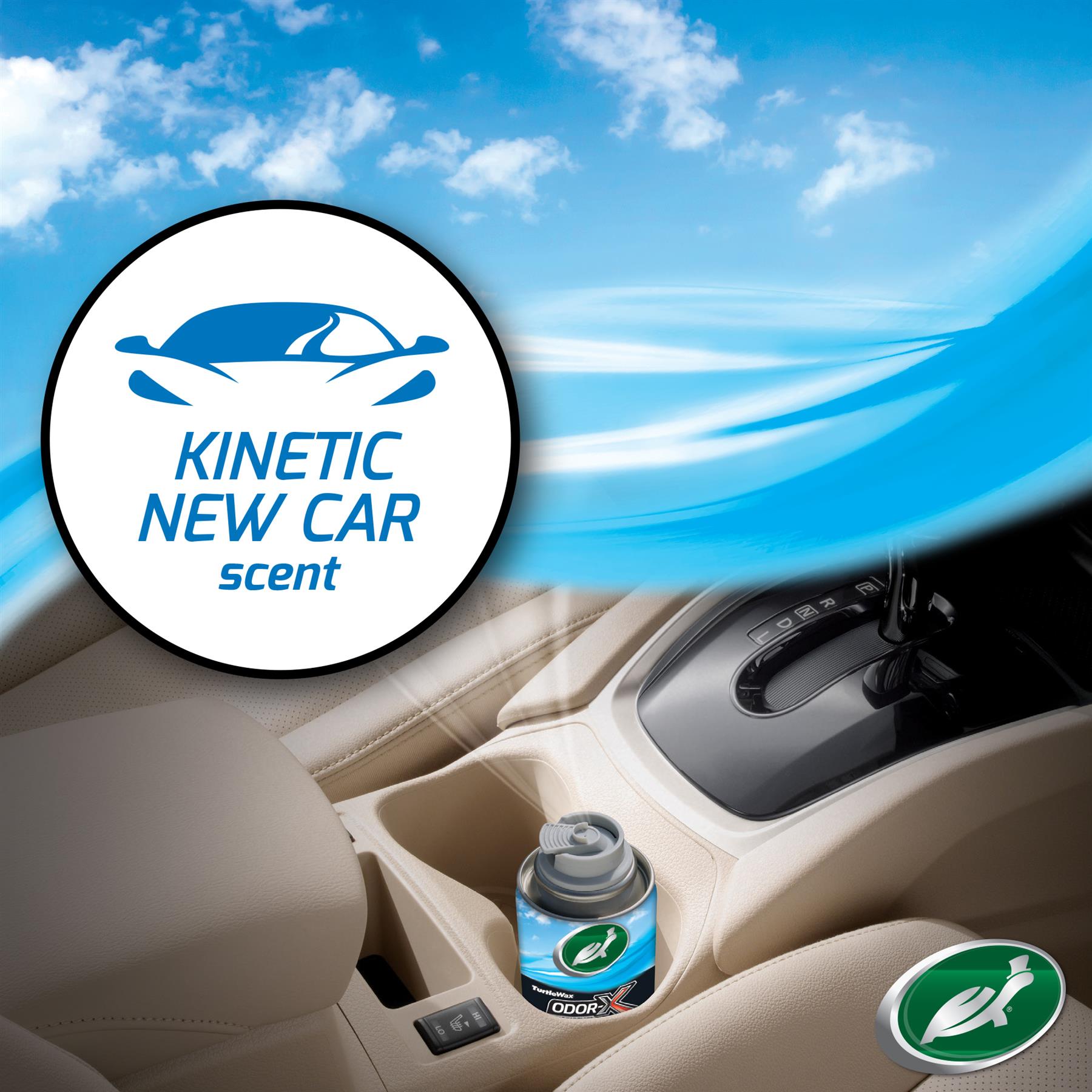 Car interior with Turtle Wax odour eliminator, new car fragrance. Kinetic air freshener beside gear stick for a clean scent.