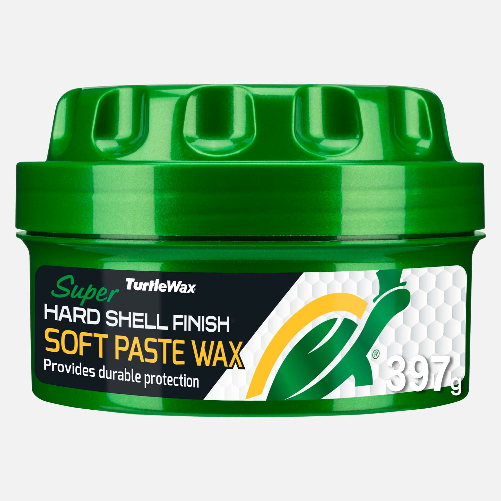 Turtle Wax hard shell finish paste wax, featuring signature turtle logo. Carnauba wax for depth and durability, in green container.