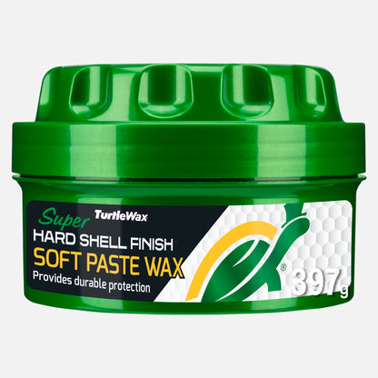 Turtle Wax hard shell finish paste wax, featuring signature turtle logo. Carnauba wax for depth and durability, in green container.