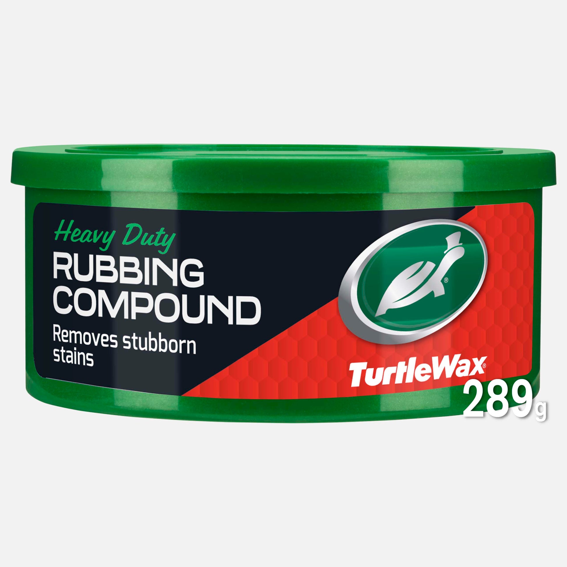 Turtle Wax Heavy Duty Rubbing Compound in a 298g green tub. Formulated for removing oxidation and stubborn stains. Paint transfer removal.