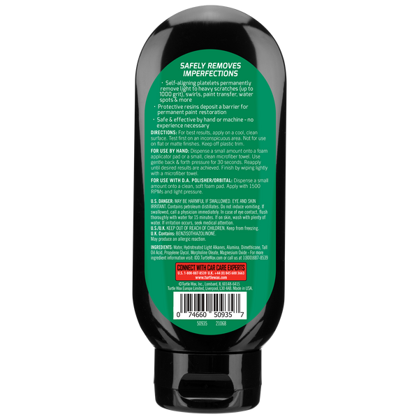 Car scratch repair solution for surface imperfections. Turtle Wax formula with sealant technology. Removes swirls, water spots, & paint transfer.