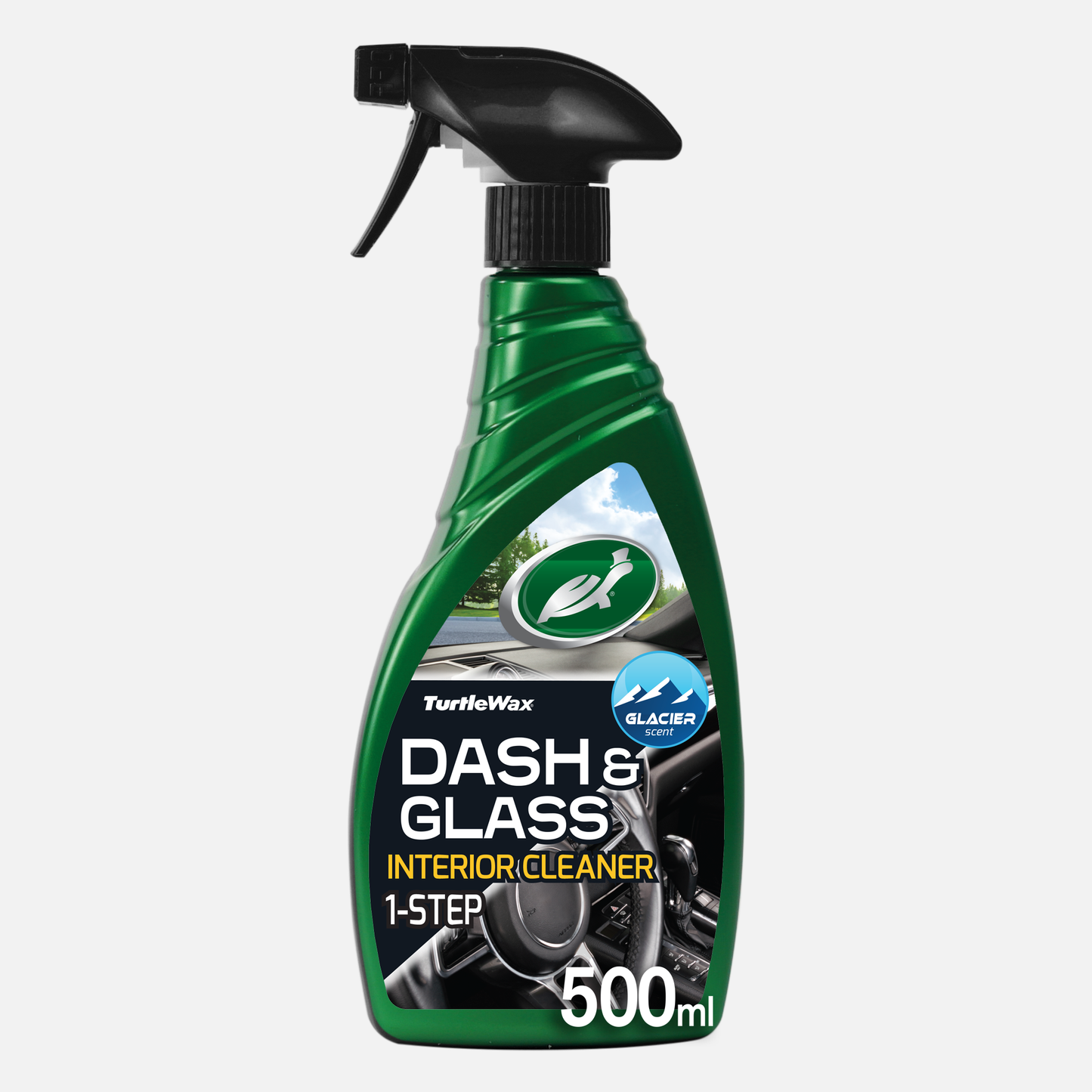 Turtle Wax Dash & Glass car interior cleaner. Green spray bottle with trigger. Perfect for streak-free glass and dashboard cleaning.