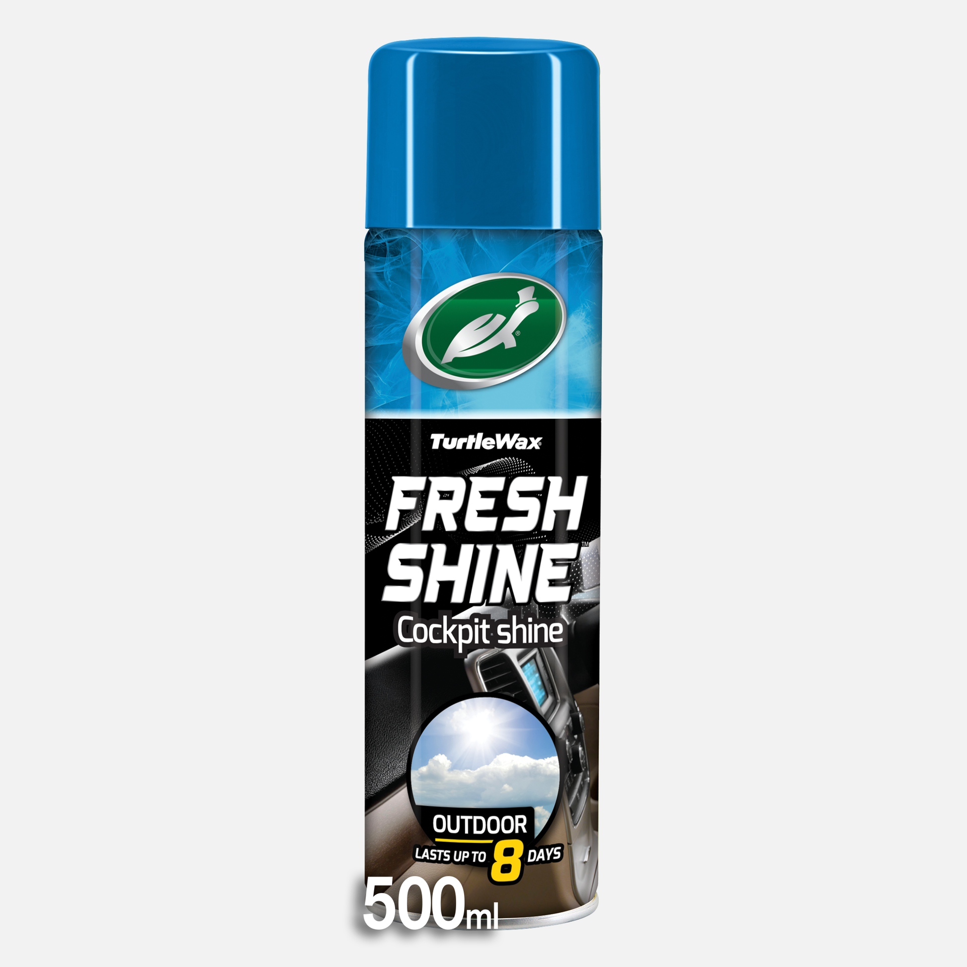 Turtle Wax Fresh Shine, a 500ml cockpit cleaner. Provides a shine and outdoor air freshener lasting up to 8 days.