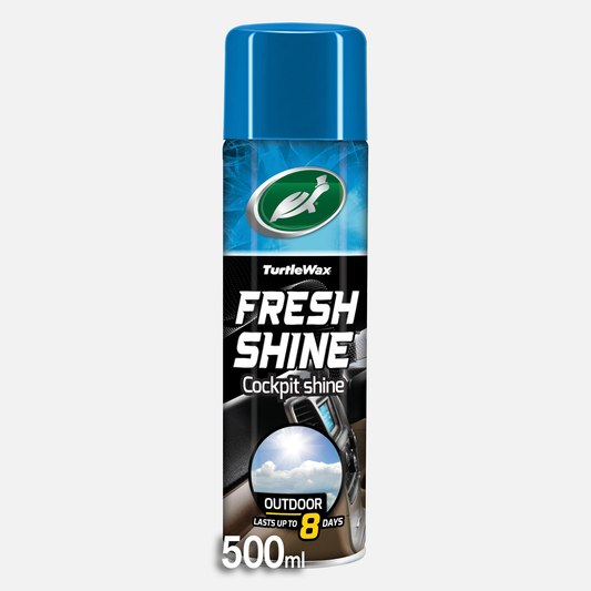 Turtle Wax Fresh Shine, a 500ml cockpit cleaner. Provides a shine and outdoor air freshener lasting up to 8 days.