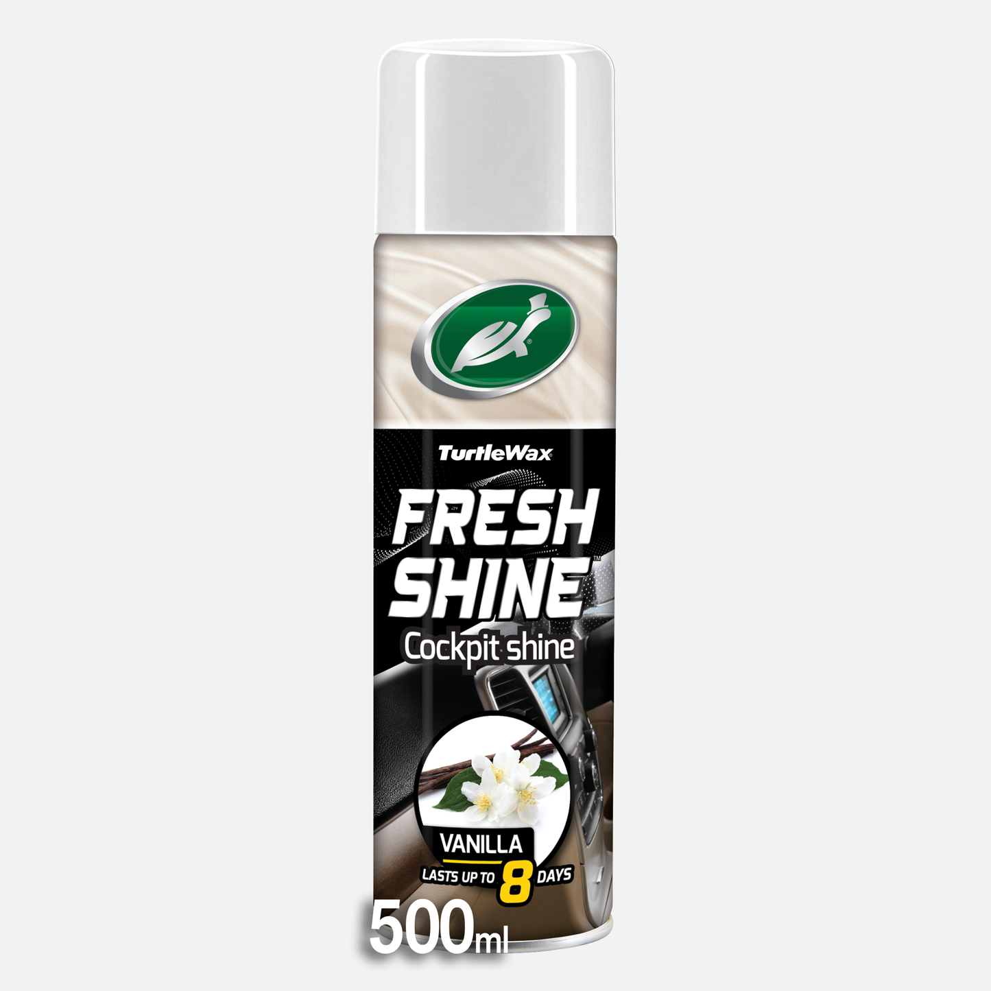 Turtle Wax Fresh Shine cockpit spray. Vanilla air freshener lasts up to 8 days. Car interior detailing product.