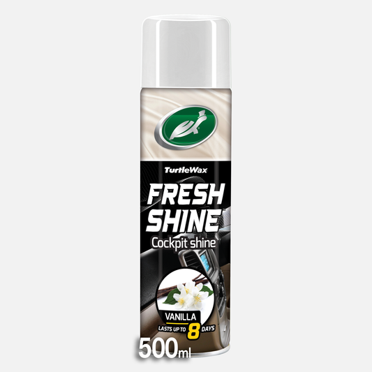 Turtle Wax Fresh Shine cockpit spray. Vanilla air freshener lasts up to 8 days. Car interior detailing product.