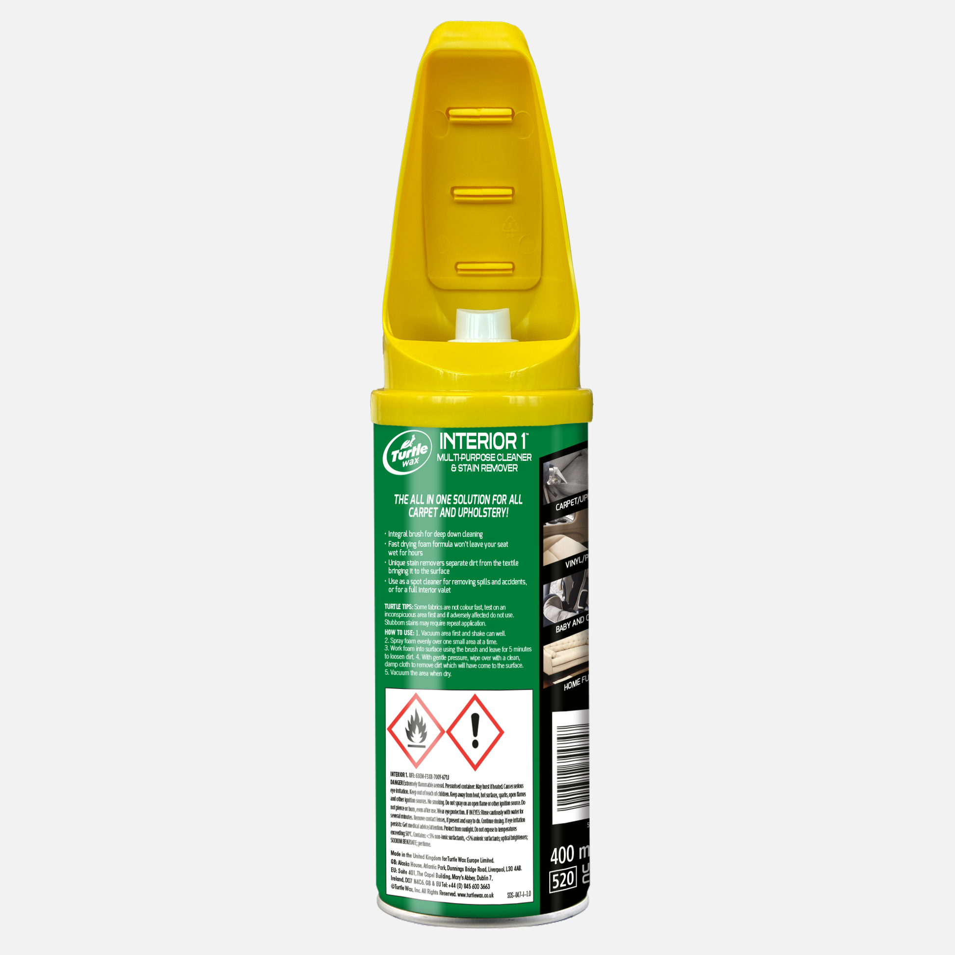 Turtle Wax Interior 1 multi-purpose cleaner for car carpet and upholstery stain removal. 400ml aerosol with integral brush.