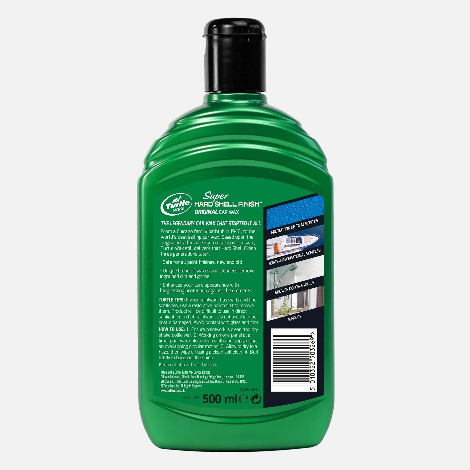 Turtle Wax Super Hard Shell Finish car wax. Classic green bottle, 500ml size, ideal for vehicles, boats, showers, and mirrors.