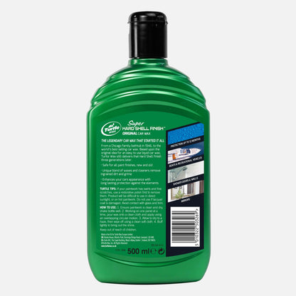 Turtle Wax Super Hard Shell Finish car wax. Classic green bottle, 500ml size, ideal for vehicles, boats, showers, and mirrors.