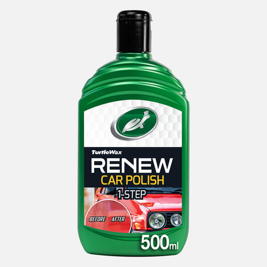 Turtle Wax Renew car polish, green bottle with black cap, removes fine scratches and revives colour in one step.