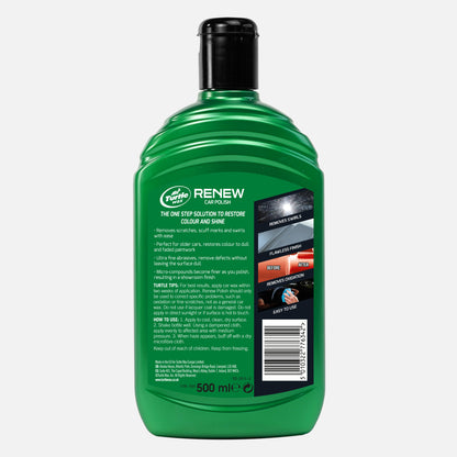 Turtle Wax Renew Car Polish in green 500ml bottle. It restores car colour and removes scratches, scuff marks, and swirls.