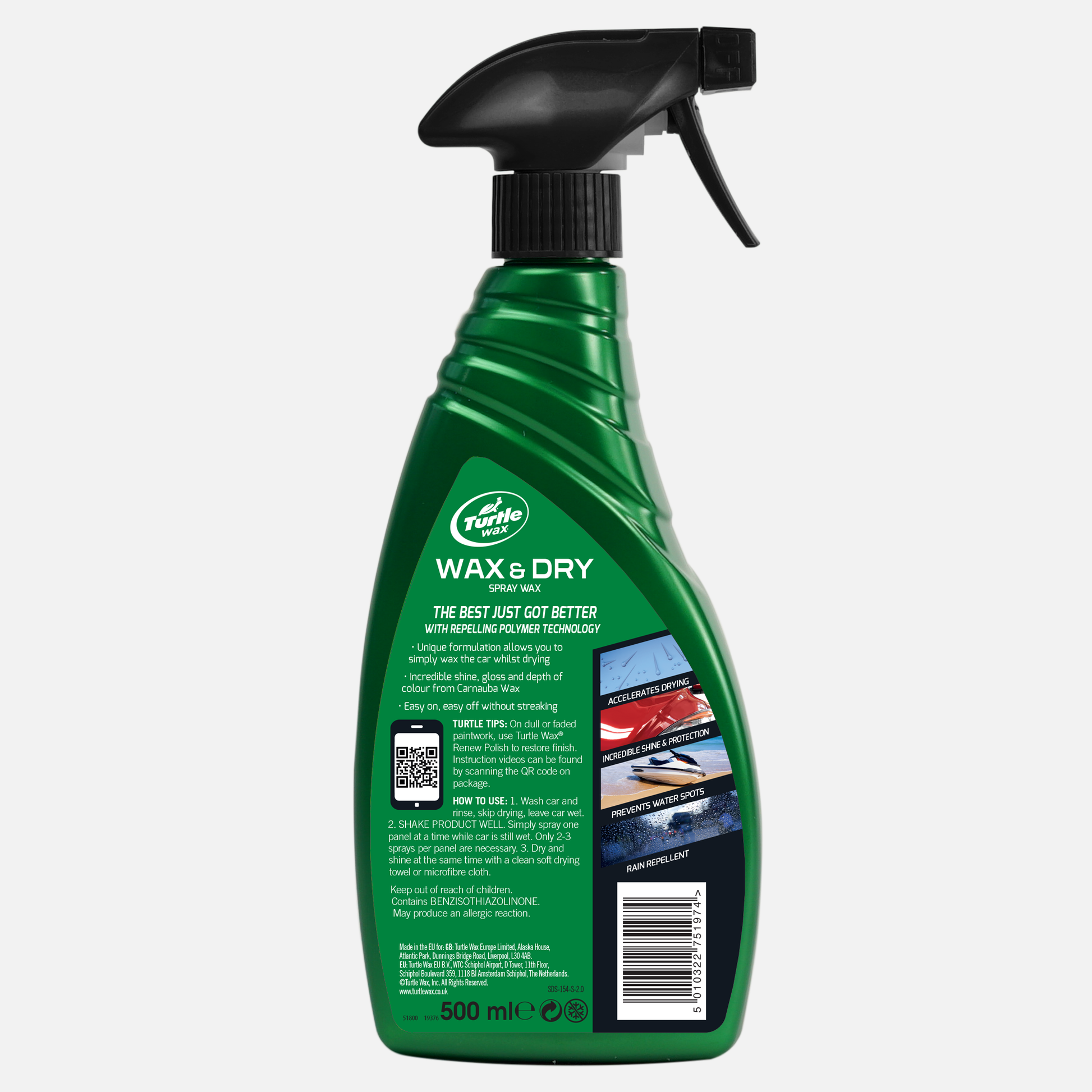 Turtle Wax Wax & Dry spray. 500ml bottle with black trigger. Car care product for shine and water repellency.