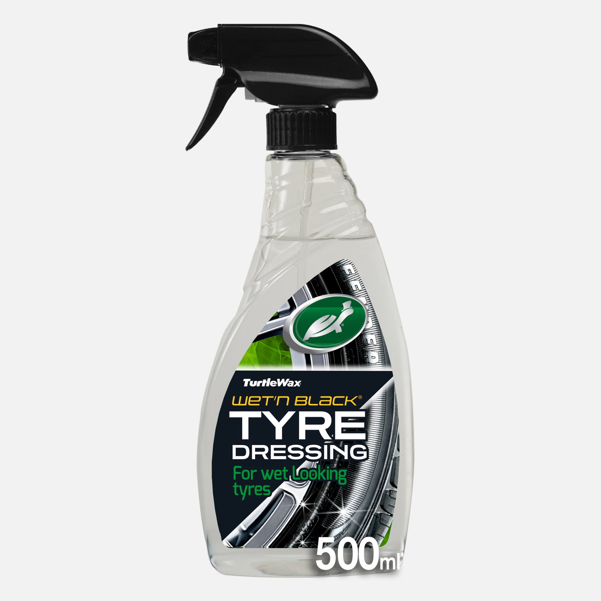 Turtle Wax Wet'n Black tyre dressing spray bottle. Gives tyres a deep black, wet look instantly. Long-lasting, with an instant shine.
