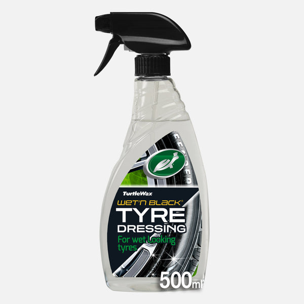 Turtle Wax Wet'n Black tyre dressing spray bottle. Gives tyres a deep black, wet look instantly. Long-lasting, with an instant shine.
