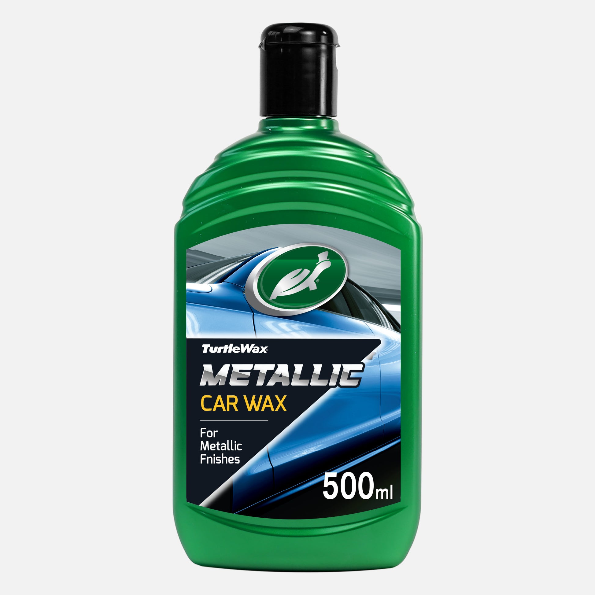 Turtle Wax Metallic Car Wax + PTFE, 500ml, in a green bottle. Car detailing for a long lasting, quick & easy shine.