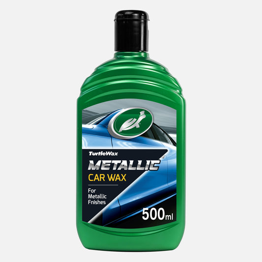 Turtle Wax Metallic Car Wax + PTFE, 500ml, in a green bottle. Car detailing for a long lasting, quick & easy shine.