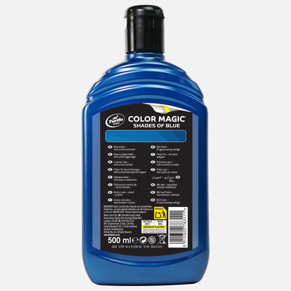 Turtle Wax Color Magic: a blue car polish suitable for shades of blue, in a 500ml bottle. Instructions included.