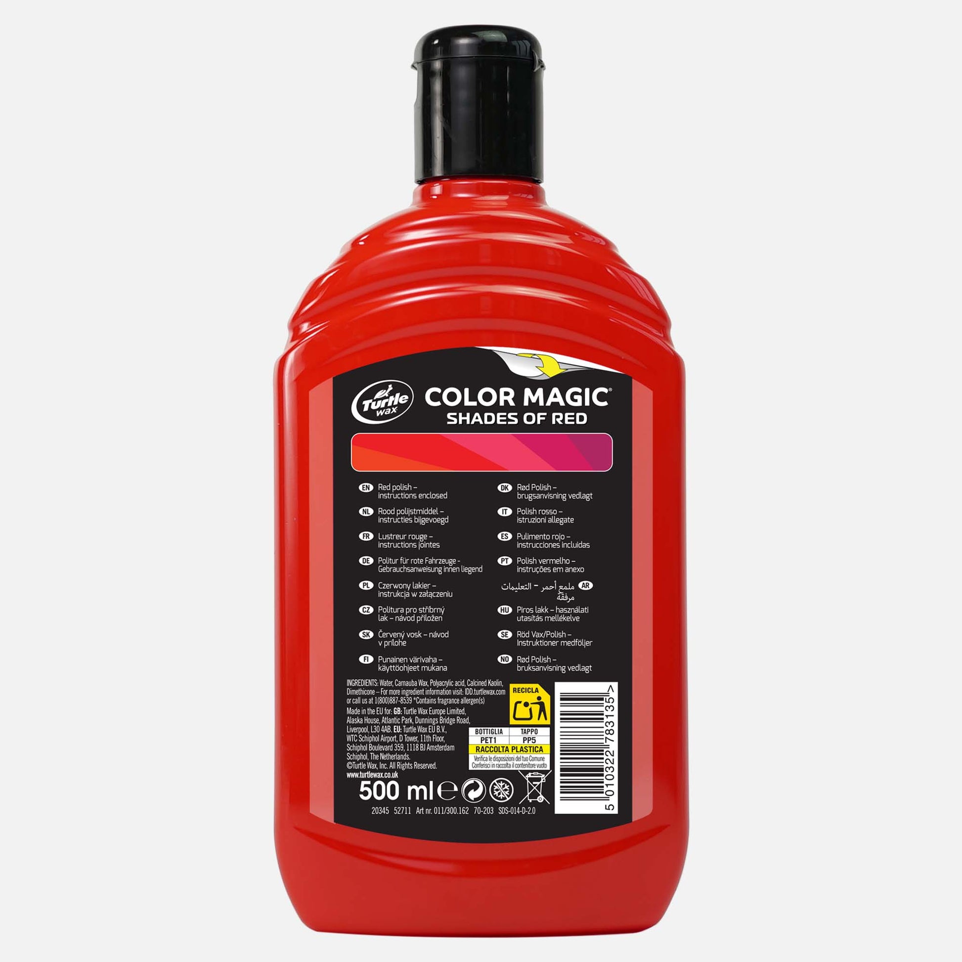 Turtle Wax Color Magic, "Shades of Red" formula in a 500ml bottle. Red car polish for restoring vehicle paintwork.