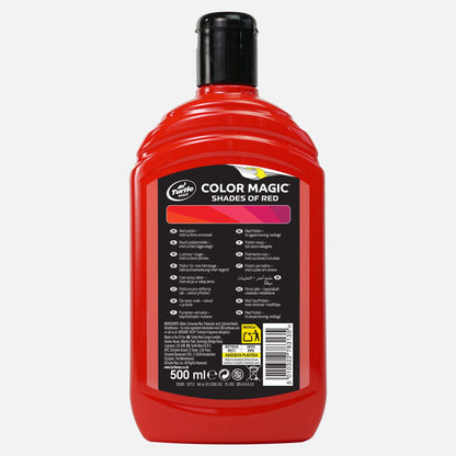 Turtle Wax Color Magic, "Shades of Red" formula in a 500ml bottle. Red car polish for restoring vehicle paintwork.