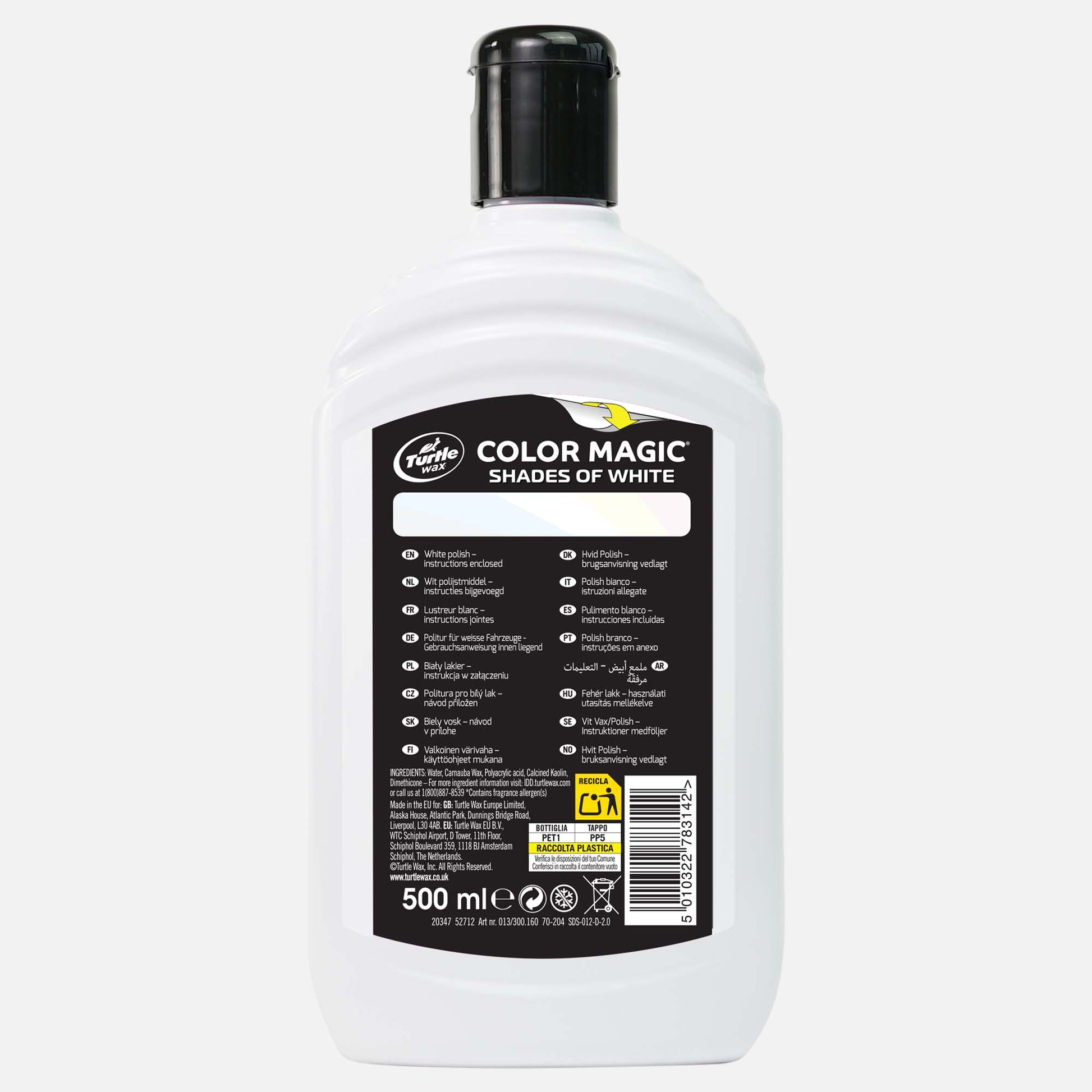 Turtle Wax Color Magic: White car polish for restoring paintwork. 500ml bottle with instructions. The running turtle logo is visible.