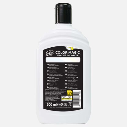 Turtle Wax Color Magic: White car polish for restoring paintwork. 500ml bottle with instructions. The running turtle logo is visible.