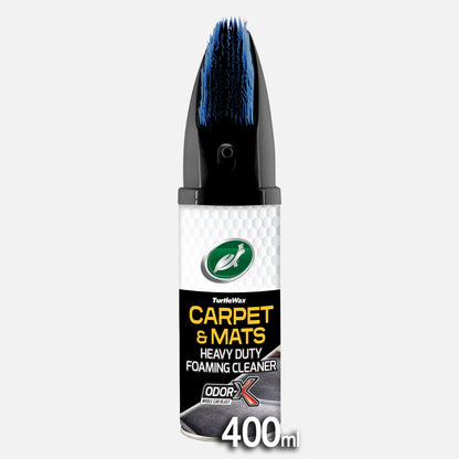 Turtle Wax Carpet & Mats cleaner, with a scrubbing brush top, tackles heavy-duty stains and eliminates odours in vehicles & homes.